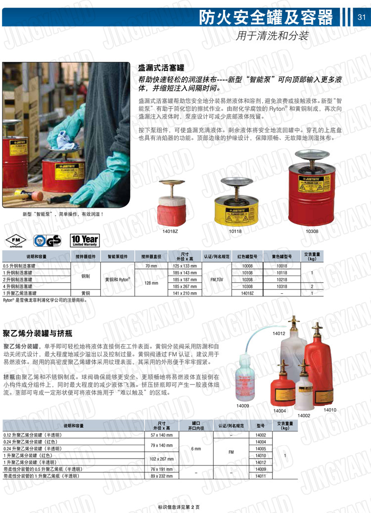 美國杰斯瑞特，JUSTRITE，活塞安全罐，盛漏式活塞罐，化學品分裝罐，